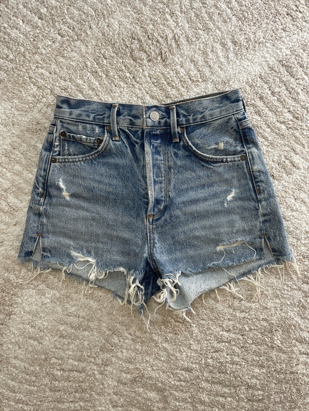 Agolde Distressed High-Rise Jean Shorts - Light Blue Size 23
